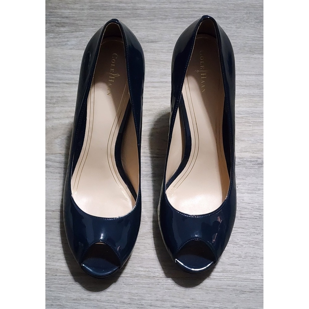 Vtg Cole Haan + NikeAir Carma Navy Patent Leather Peep Toe Pump Heels Size 11 B